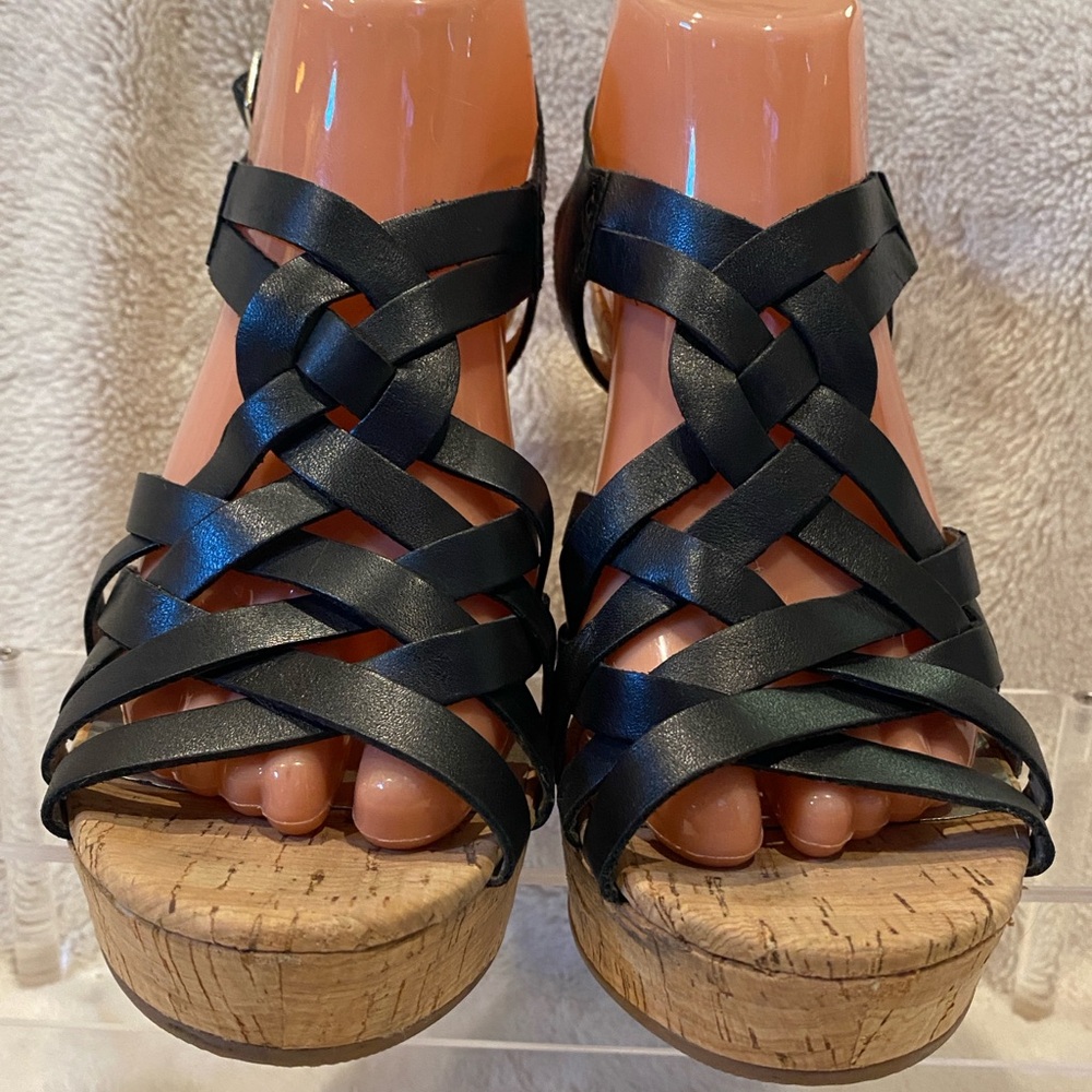 Guess WGeppie Black Strappy Leather Cork Wedge Slingback Sandals Size 9 VGC - Picture 5 of 16